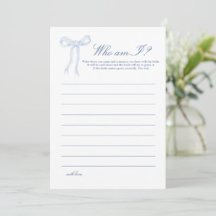 Blue Bow Who am I Bridal Shower Game Advice Card