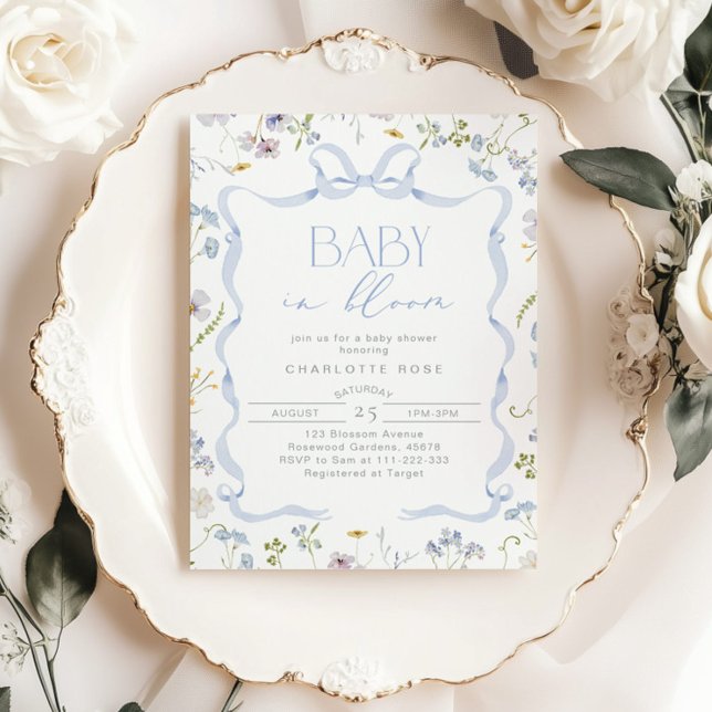 Blue Bow Wildflower Baby in Bloom Baby Boy Shower Invitation (Creator Uploaded)