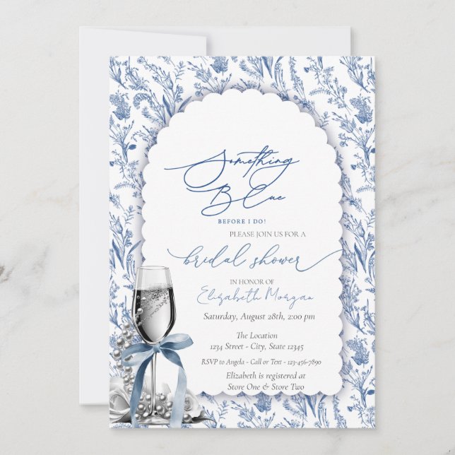  Blue Bow Wildflowers Pearls and Prosecco  Invitation (Front)