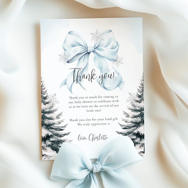 Blue Bow Winter Baby Shower Flat Thank You Card (Creator Uploaded)