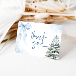 Blue Bow Winter Baby Shower Snowflake Holiday Thank You Card