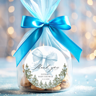 Blue Bow Winter Baby Shower Thank You  Classic Round Sticker