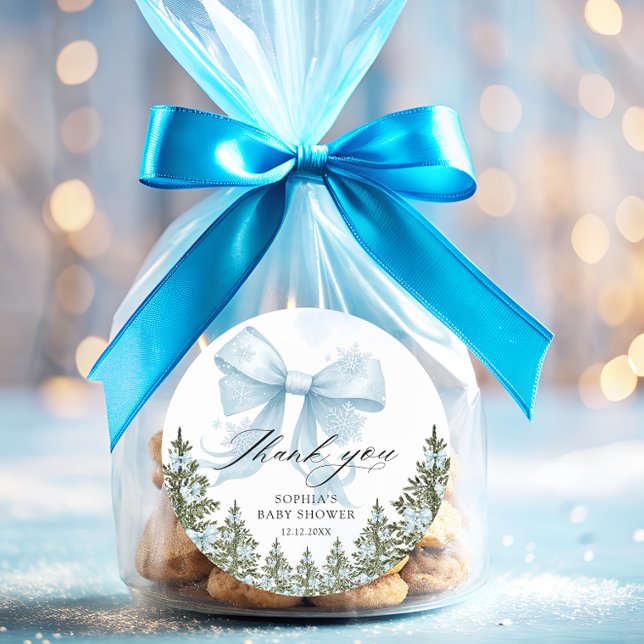 Blue Bow Winter Baby Shower Thank You  Classic Round Sticker (Creator Uploaded)