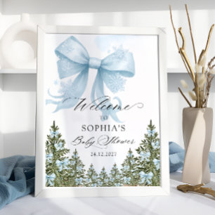 Blue Bow Winter Baby Shower Welcome Poster