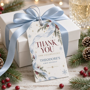 Blue Bow Winter First Birthday Thank You Gift Tags