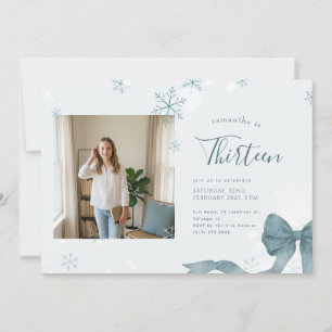 Blue Bow Winter Girl Photo 13th Birthday Party Invitation