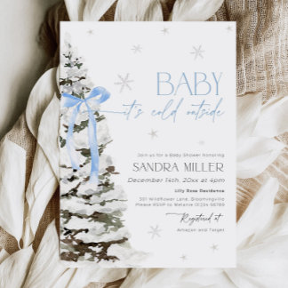 Blue Bow Winter Wonderland Boy Baby Shower Invitation