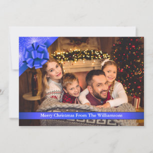 Blue Bow With Blue Ribbon Merry Christmas Photo Holiday Card