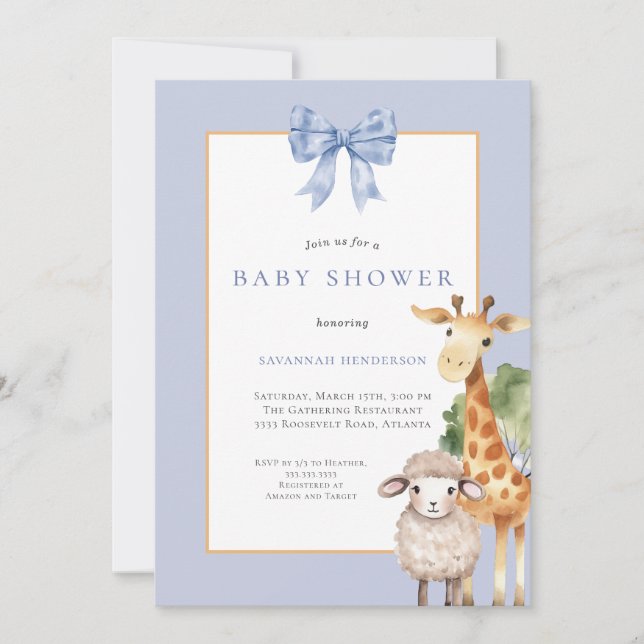 Blue Bow Woodland Animals Baby Shower Invitation (Front)