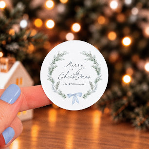 Blue Bow Wreath Botanical Christmas Classic Round Sticker
