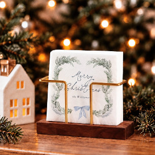 Blue Bow Wreath Botanical Christmas Napkins