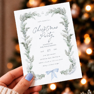 Blue Bow Wreath Botanical Christmas Party Invitation