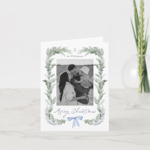 Blue Bow Wreath Botanical Christmas Photo Folded Holiday Card