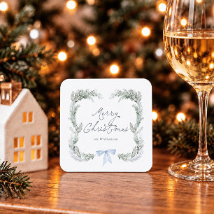 Blue Bow Wreath Botanical Christmas Square Paper Coaster