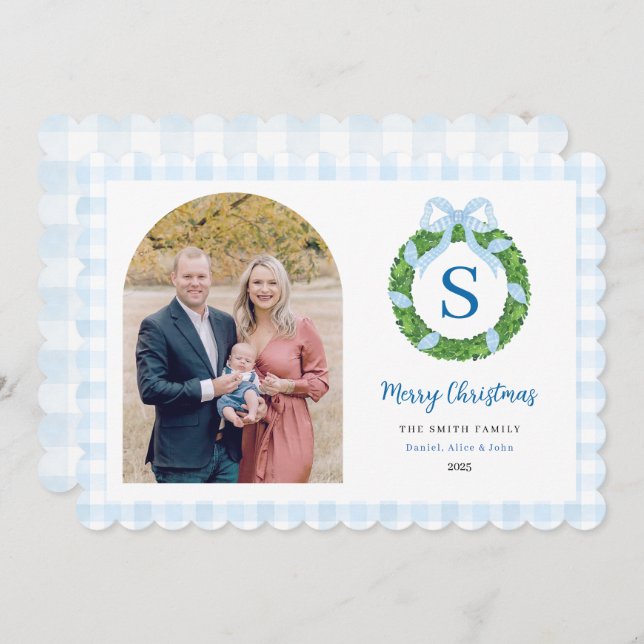 Blue Bow Wreath Christmas Photo Holiday Card (Front/Back)