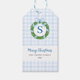 Blue Bow Wreath Gingham Christmas Gift Tags