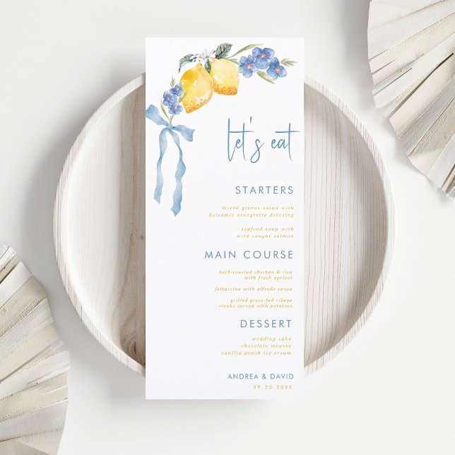Blue Bow Yellow Lemon Italian Let's Eat Wedding Menu (Creator Uploaded)