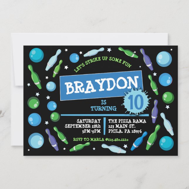 Blue BOWLING BALL NEON Birthday Party Invitation (Front)