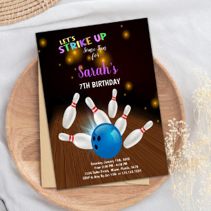 Blue Bowling Birthday Invitations