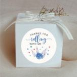 Blue Bowling Kids Birthday Party Favour  Classic Round Sticker<br><div class="desc">Cute bowling theme boy's birthday party favour sticker featuring watercolor illustration of a bowling ball hitting some pins with blue and red stars around. The text says "thanks for rolling with me."</div>