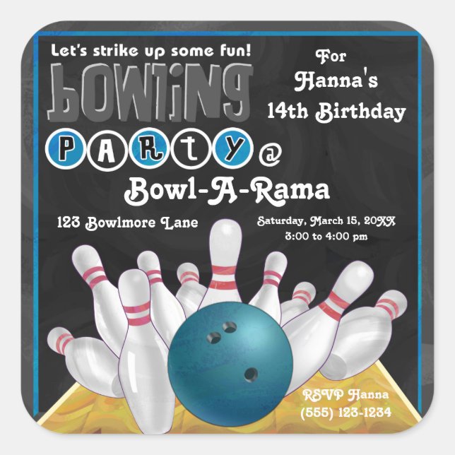 Blue Bowling Party Invite Sticker (Front)