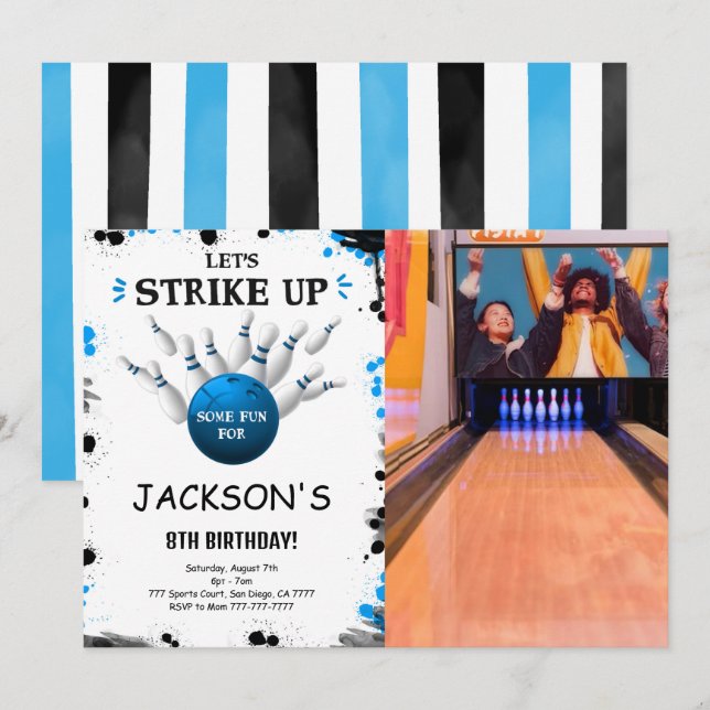 Blue Bowling Photo Invitation (Front/Back)