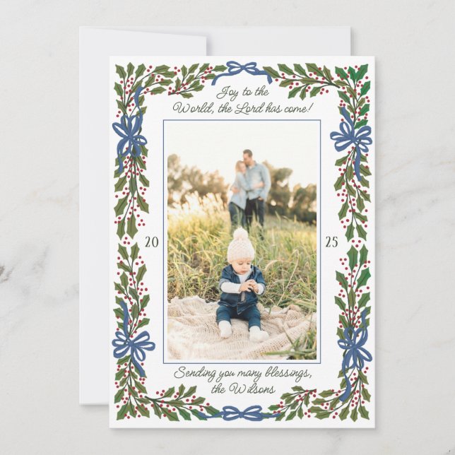 Blue Bows and Holly Garland One-Photo Christmas Holiday Card (Front)