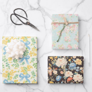 Blue Bows and Yellow Floral Cottagecore Pattern Wrapping Paper Sheet