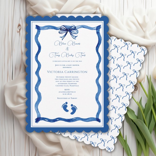 Blue Bows & Baby Toes Elegant Baby Shower  Invitation (Creator Uploaded)