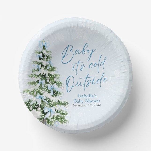 Blue Bows Boy Baby It's Cold Outside Baby Shower Paper Plate (Front)