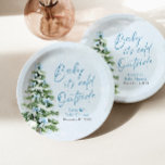 Blue Bows Boy Baby It's Cold Outside Baby Shower Paper Plate<br><div class="desc">The Blue Bows Boy Baby It's Cold Outside Baby Shower Paper Plates and Classic Sticker Set brings a charming, wintery touch to your baby shower decor! Featuring a soft blue design with delicate snowflakes and adorable bows on a festive Christmas tree, these items are perfect for a baby boy’s "Baby...</div>