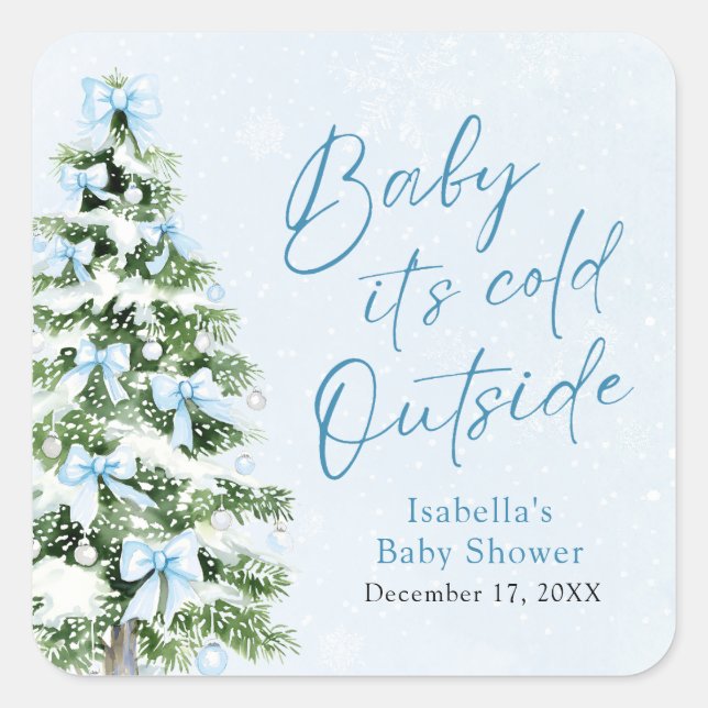 Blue Bows Boy Baby It's Cold Outside Baby Shower Square Sticker (Front)