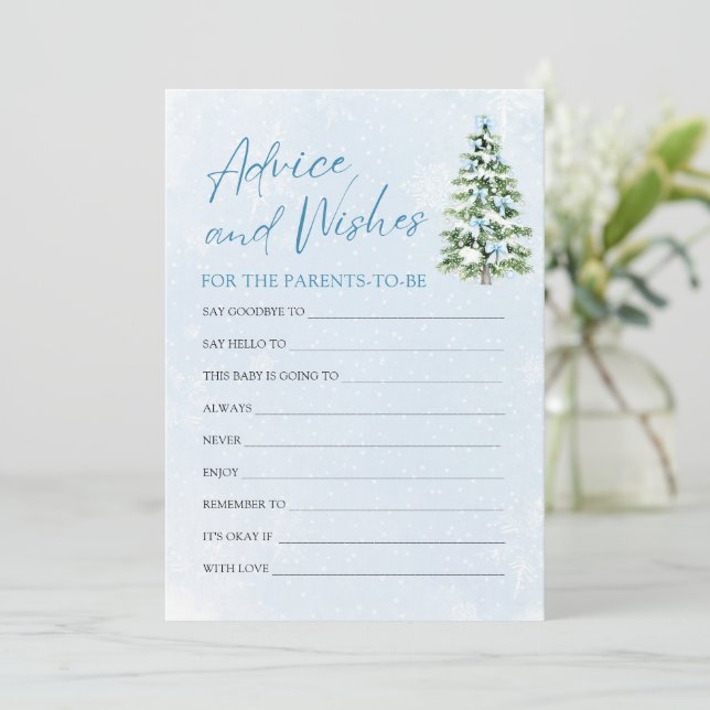 Blue Bows Christmas Baby Shower Advice and Wishes  Invitation (Standing Front)