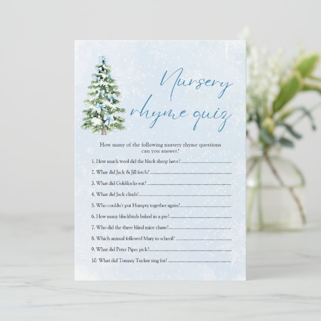 Blue Bows Christmas Nursery Rhyme Quiz Baby Shower Invitation (Standing Front)