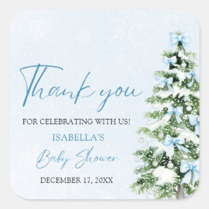 Blue Bows Christmas Tree Boy Winter Baby Shower Square Sticker