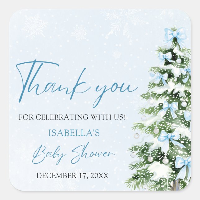 Blue Bows Christmas Tree Boy Winter Baby Shower Square Sticker (Front)