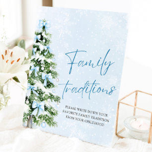Blue Bows Christmas Tree Family Traditions Game Pedestal Sign