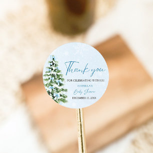 Blue Bows Christmas Tree Girl Winter Baby Shower Classic Round Sticker