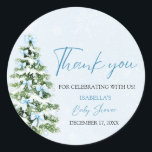 Blue Bows Christmas Tree Girl Winter Baby Shower Classic Round Sticker<br><div class="desc">The Blue Bows Christmas Tree Girl Winter Baby Shower Classic Sticker adds a whimsical touch to your winter-themed baby shower! Featuring a delicate blue bow and a festive Christmas tree, this sticker is perfect for celebrating a baby girl in cosy, seasonal style. Use it on favours, invites, or decor items...</div>