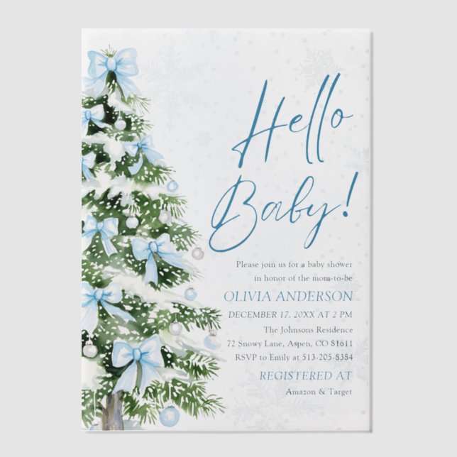 Blue Bows Christmas Tree Hello Baby Baby Shower Vellum Invitations (Front)