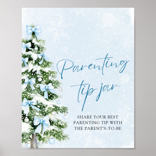 Blue Bows Christmas Tree Parenting Tip Jar Game Poster (Front)