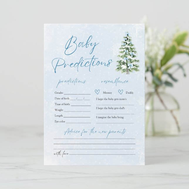 Blue Bows Christmas Tree Snow Baby Prediction Game Invitation (Standing Front)
