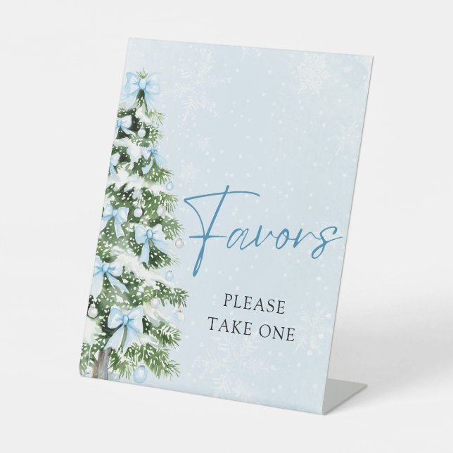 Blue Bows Christmas Tree Winter Baby Shower Favors Pedestal Sign (Front)