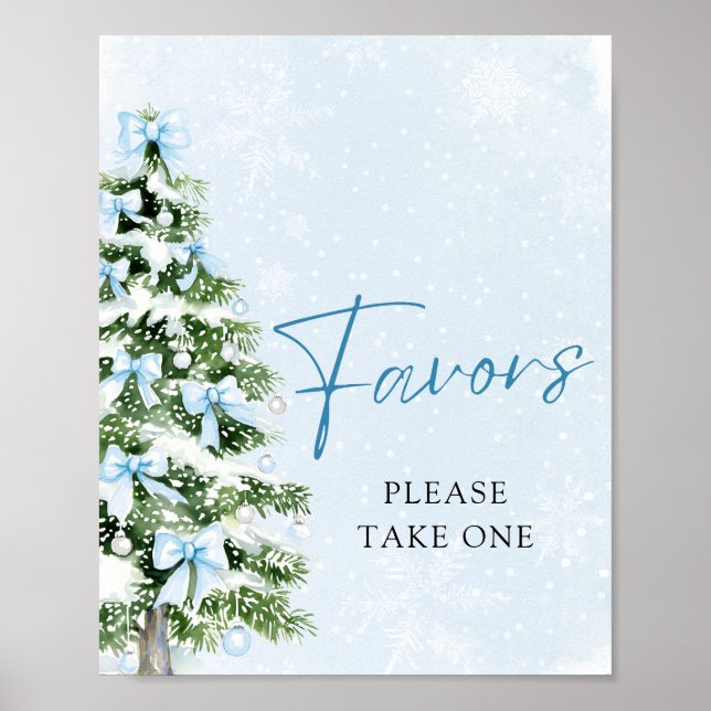 Blue Bows Christmas Tree Winter Baby Shower Favors Poster (Front)