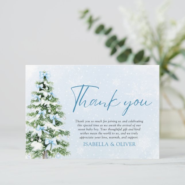 Blue Bows Christmas Tree Winter Thank you card (Standing Front)