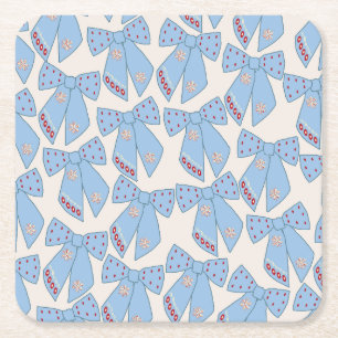 Blue Bows Coquette Square Paper Coaster