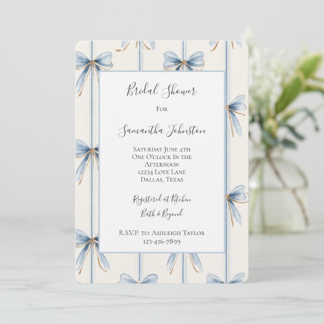 Blue Bows Cream Bridal Shower  Invitation (Standing Front)