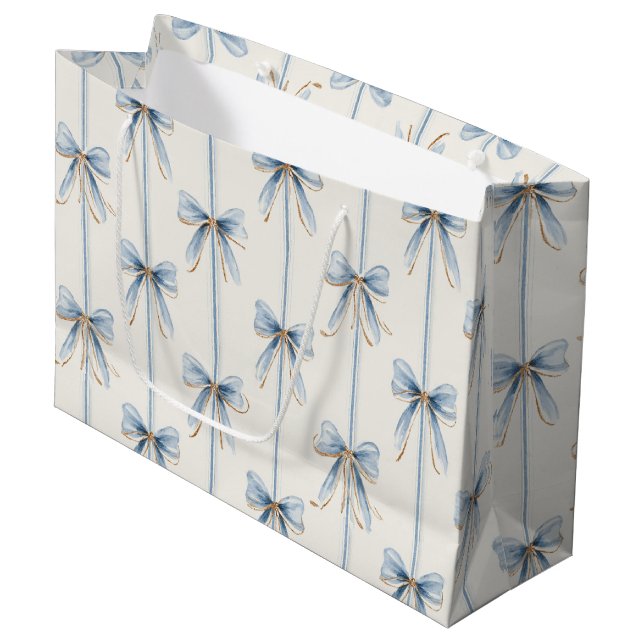 Blue Bows Cream Bridal Shower Large Gift Bag (Front Angled)