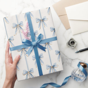 Blue Bows Cream Bridal Shower Wrapping Paper