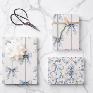 Blue Bows Cream Bridal Shower Wrapping Paper Sheet